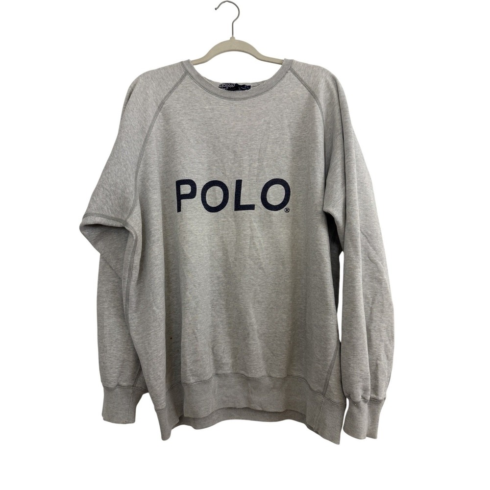Vintage 80s 90s Polo Ralph Lauren Distressed Logo Crew Neck Sweatshirt Sz L Gray